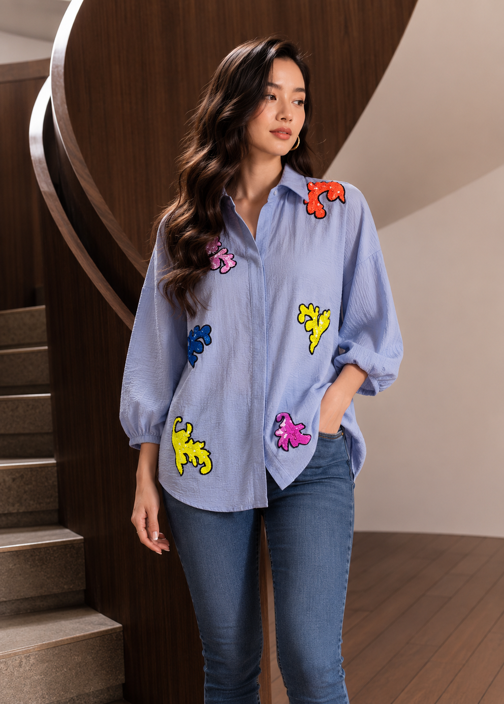 Sky Blue Pop Art Patch Shirt