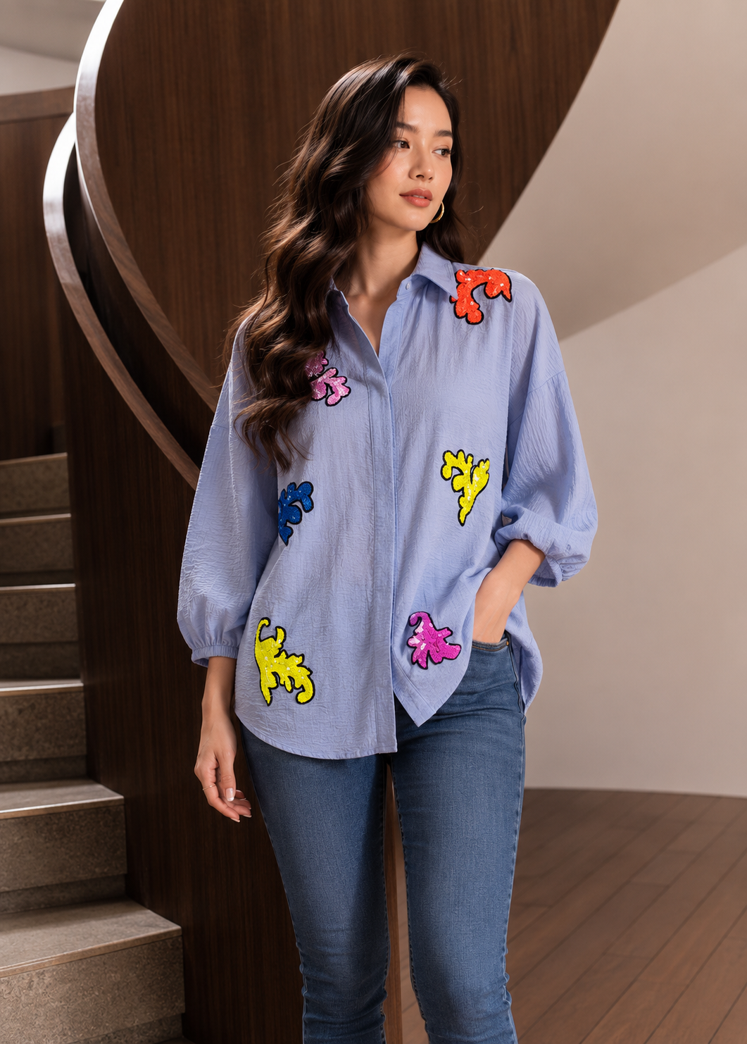 Sky Blue Pop Art Patch Shirt